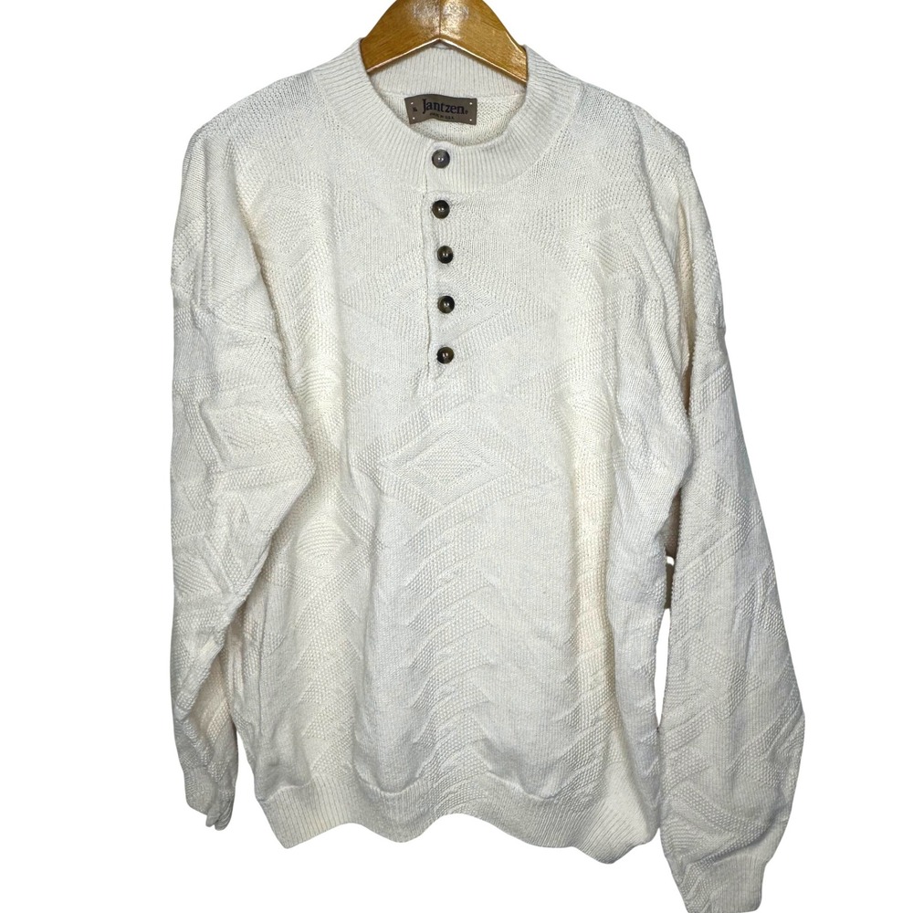 Vintage Jantzen Button Collar Textured Sweater‎ Mens XL Cream